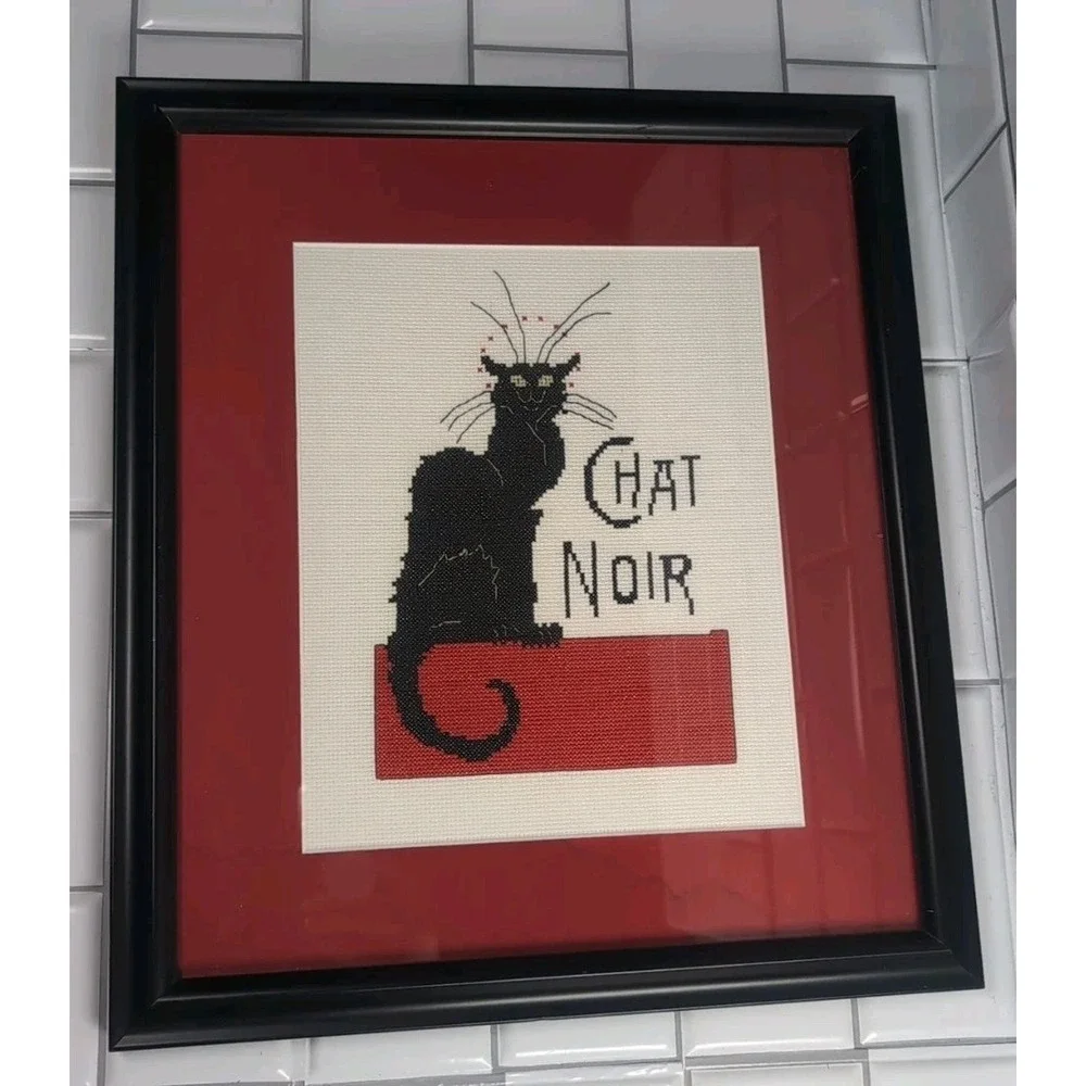 Mod Vintage Le Chat Noir Black Cat Framed/Matted Needlepoint Wall Art Handmade